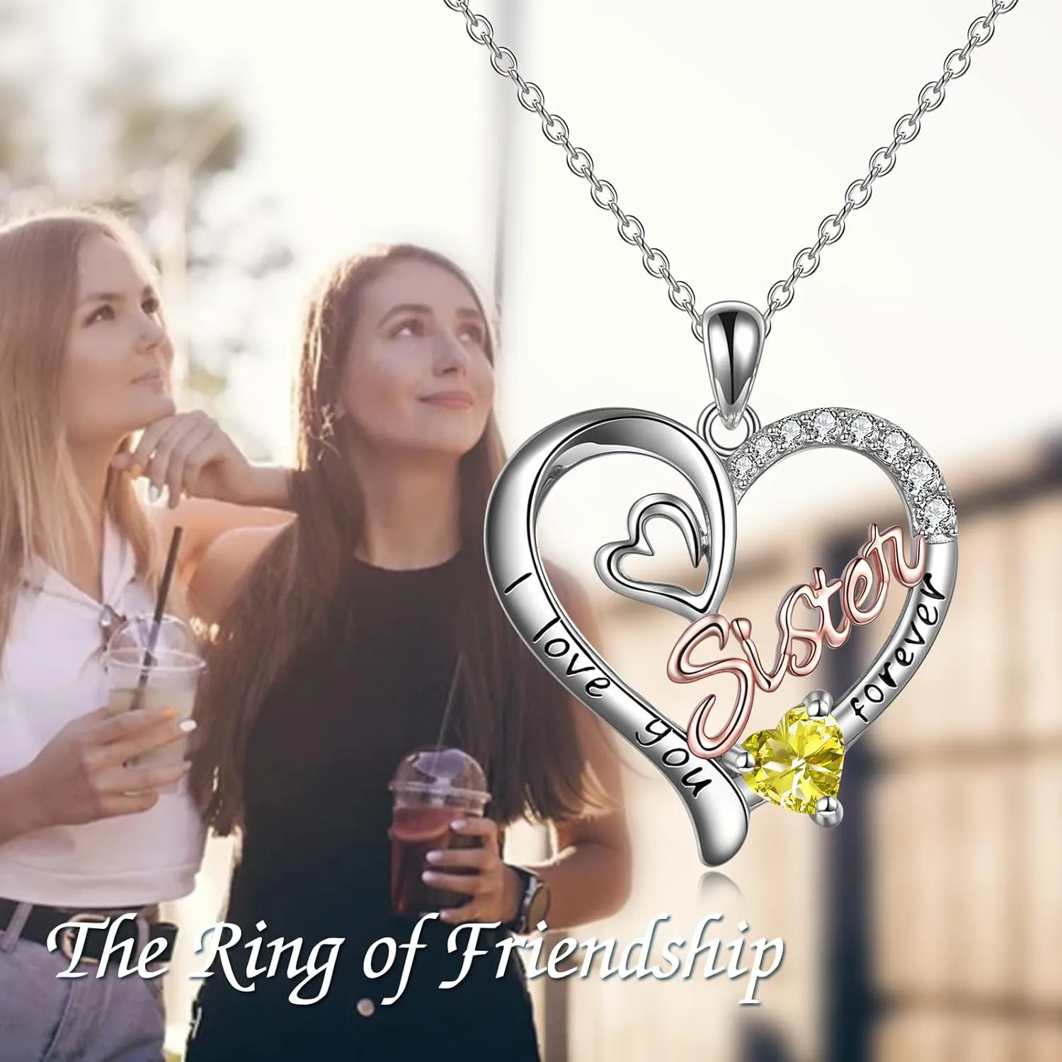 Sister Necklaces 925 Sterling Silver Birthstone Pendant I Love You Forever Sister Birthday Jewelry, Personalized Sisters Gifts for Women