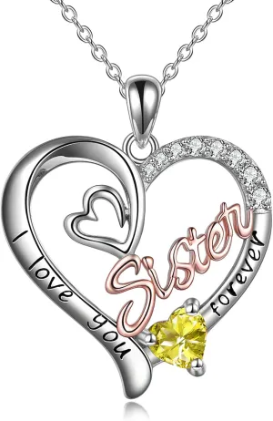 Sister Necklaces 925 Sterling Silver Birthstone Pendant I Love You Forever Sister Birthday Jewelry, Personalized Sisters Gifts for Women