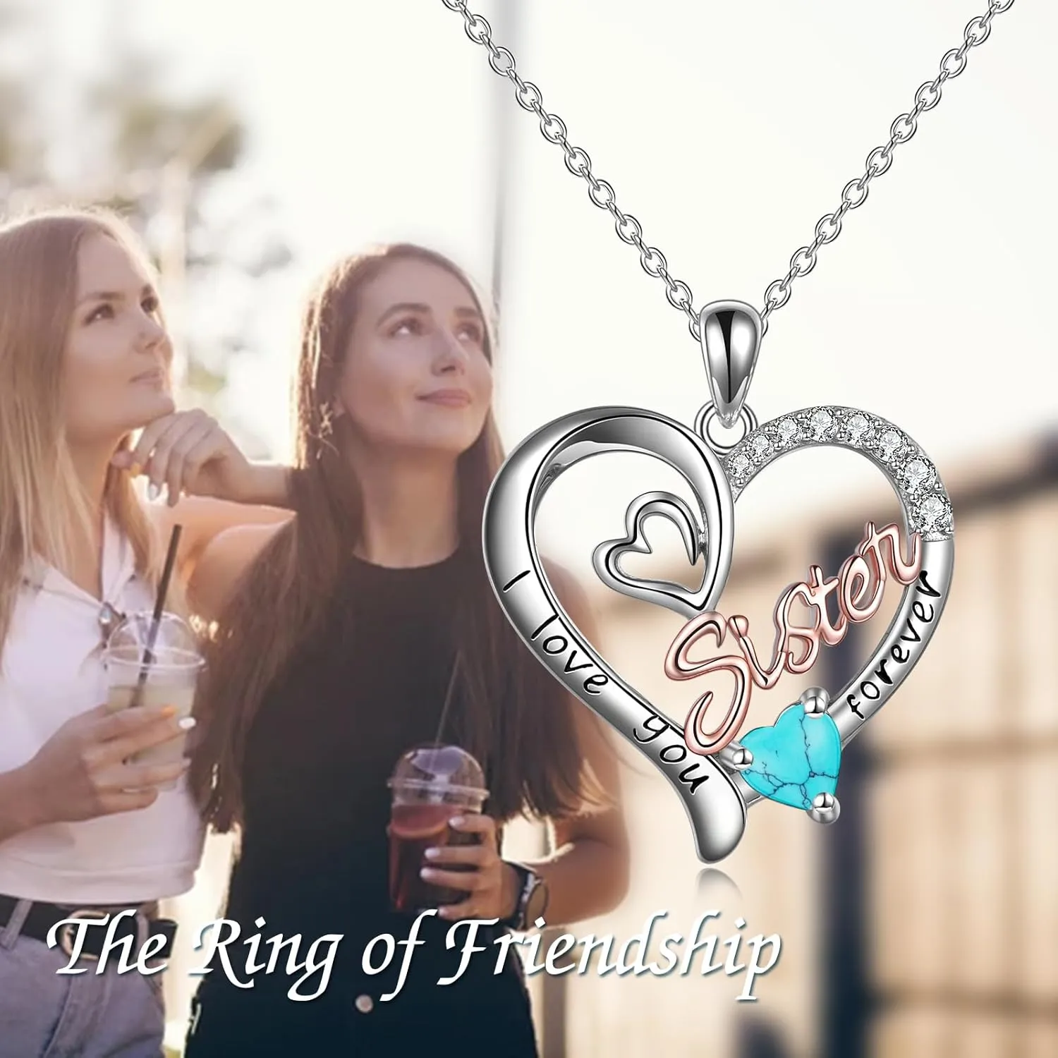Sister Necklaces 925 Sterling Silver Birthstone Pendant I Love You Forever Sister Birthday Jewelry, Personalized Sisters Gifts for Women