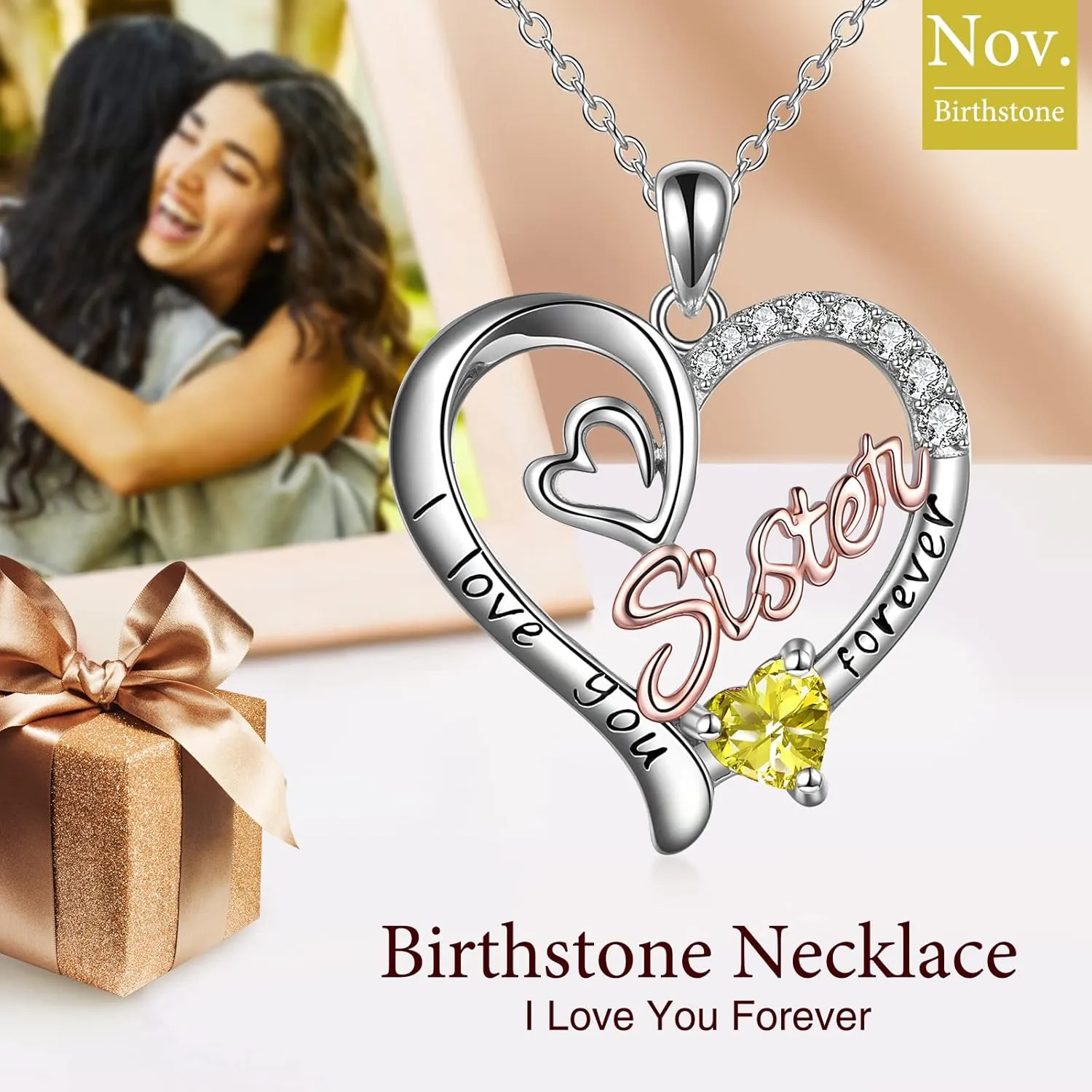 Sister Necklaces 925 Sterling Silver Birthstone Pendant I Love You Forever Sister Birthday Jewelry, Personalized Sisters Gifts for Women
