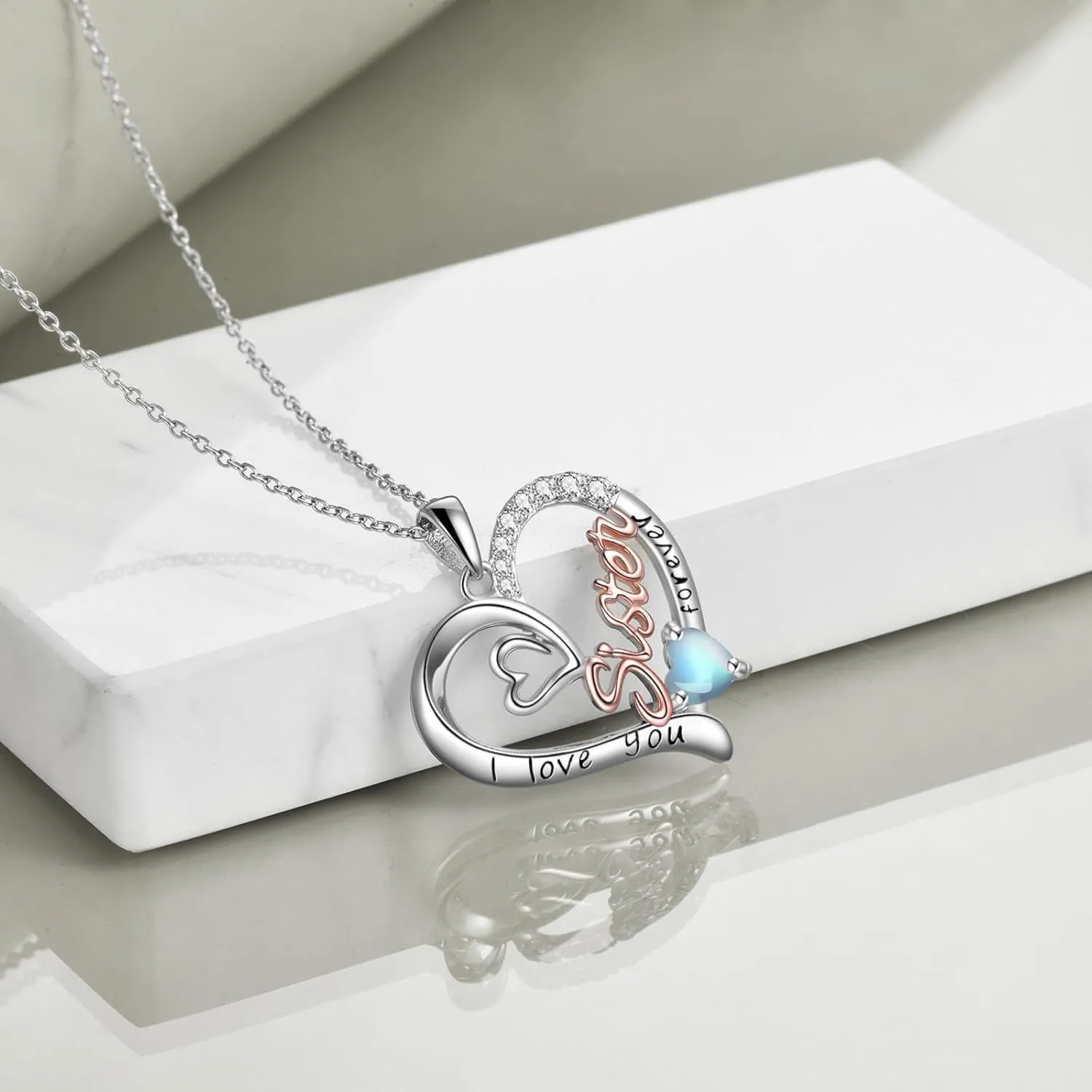 Sister Necklaces 925 Sterling Silver Birthstone Pendant I Love You Forever Sister Birthday Jewelry, Personalized Sisters Gifts for Women