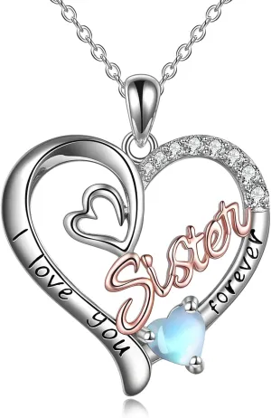 Sister Necklaces 925 Sterling Silver Birthstone Pendant I Love You Forever Sister Birthday Jewelry, Personalized Sisters Gifts for Women