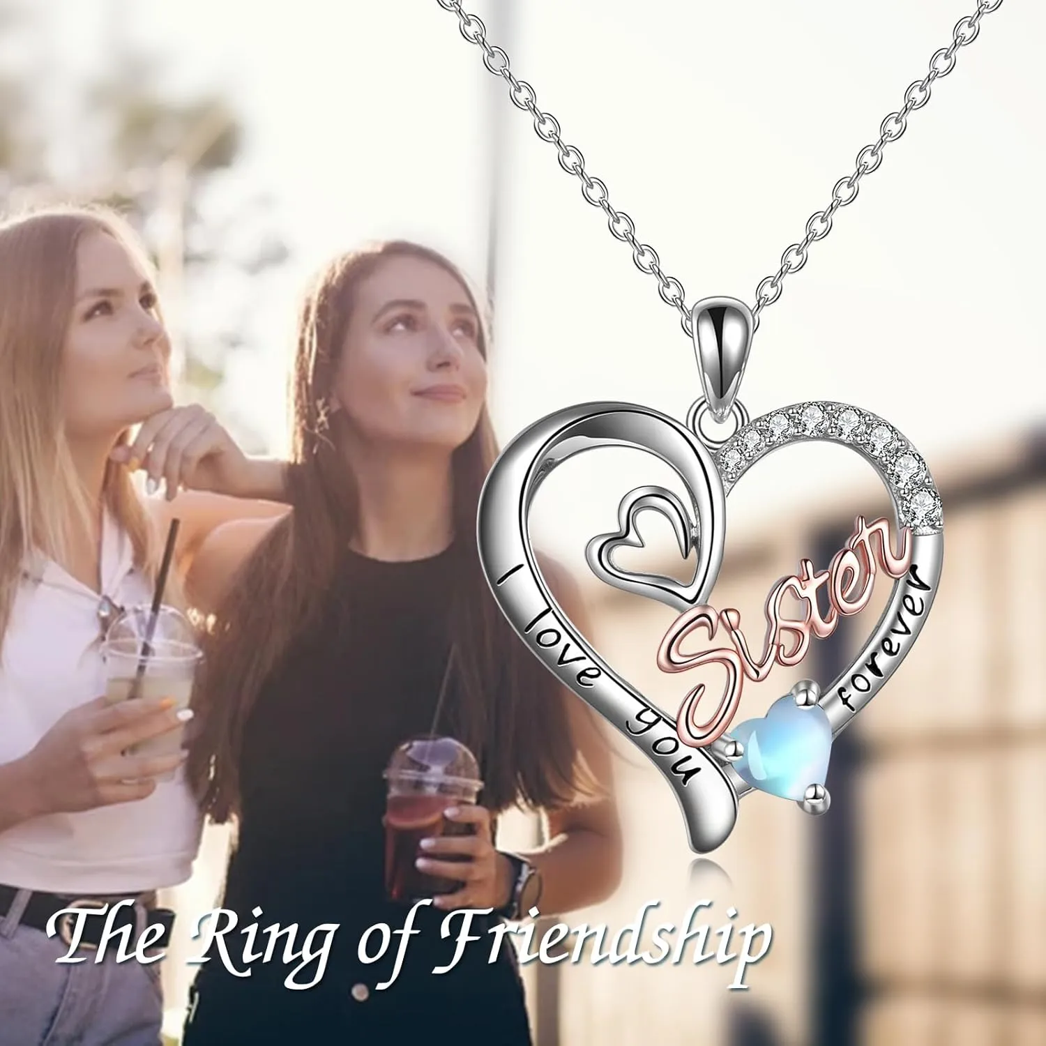 Sister Necklaces 925 Sterling Silver Birthstone Pendant I Love You Forever Sister Birthday Jewelry, Personalized Sisters Gifts for Women