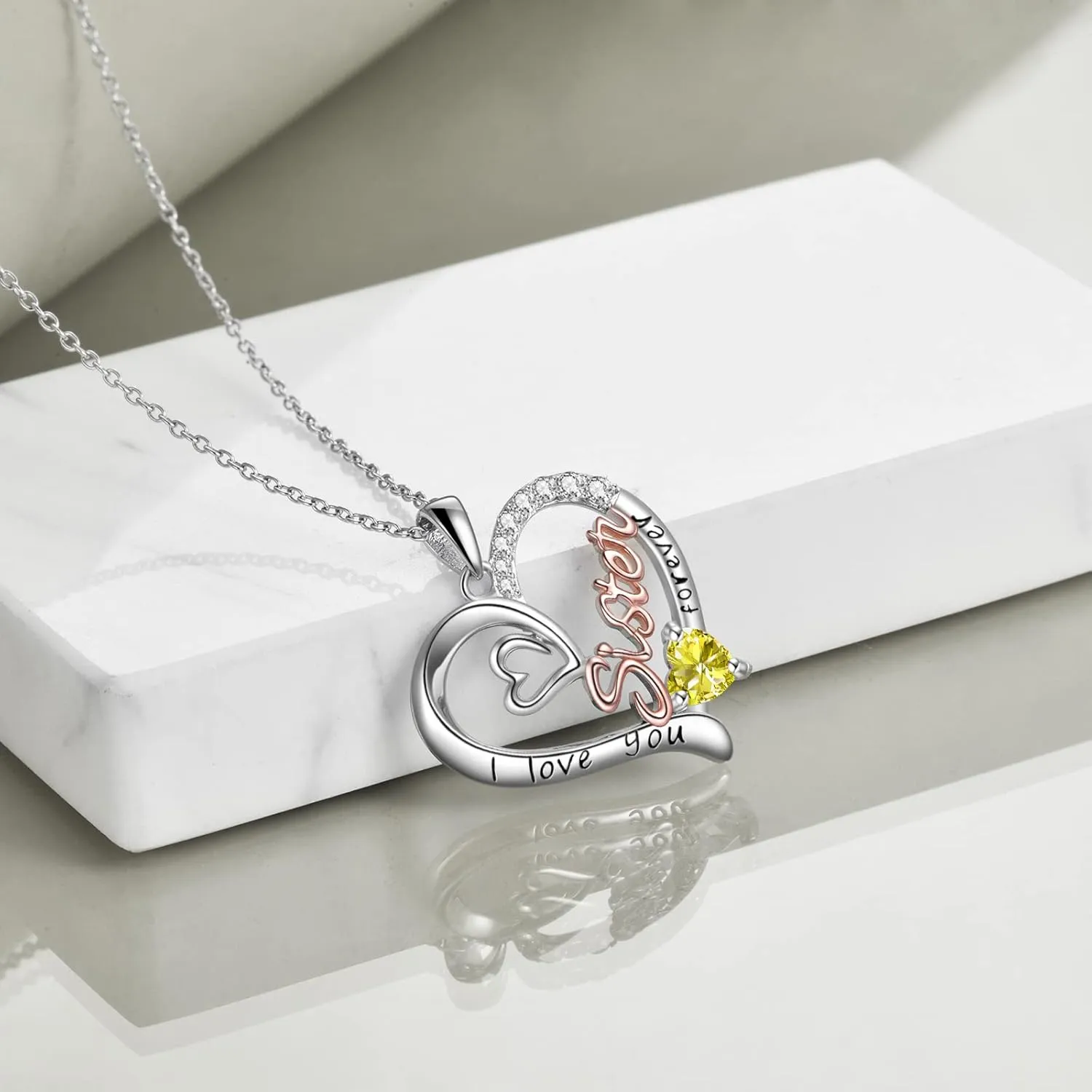Sister Necklaces 925 Sterling Silver Birthstone Pendant I Love You Forever Sister Birthday Jewelry, Personalized Sisters Gifts for Women