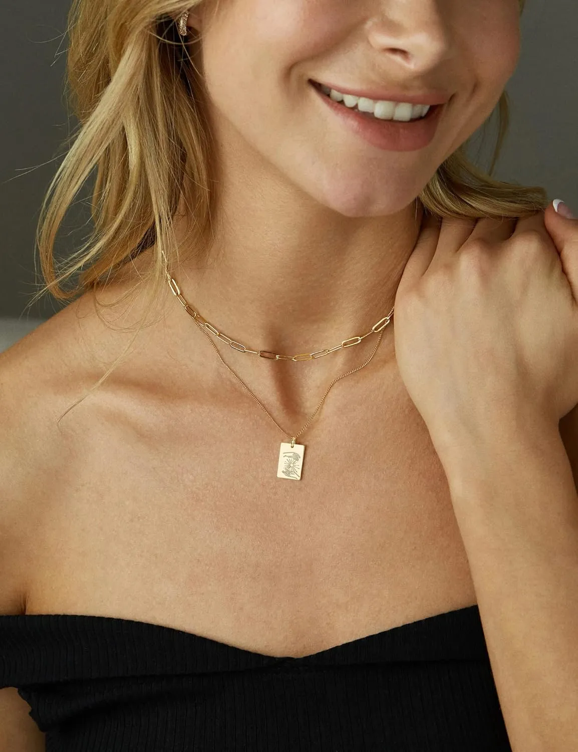 S.J JEWELRY Layered Necklaces for Women 14K Gold Plated Dog Tag Necklace Set Galaxy Moon Star Sun Lightning Pendant