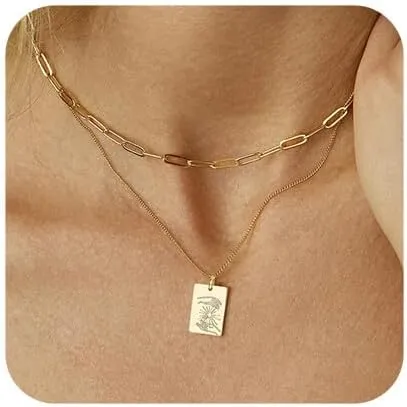 S.J JEWELRY Layered Necklaces for Women 14K Gold Plated Dog Tag Necklace Set Galaxy Moon Star Sun Lightning Pendant