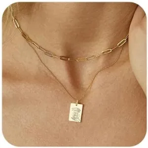 S.J JEWELRY Layered Necklaces for Women 14K Gold Plated Dog Tag Necklace Set Galaxy Moon Star Sun Lightning Pendant