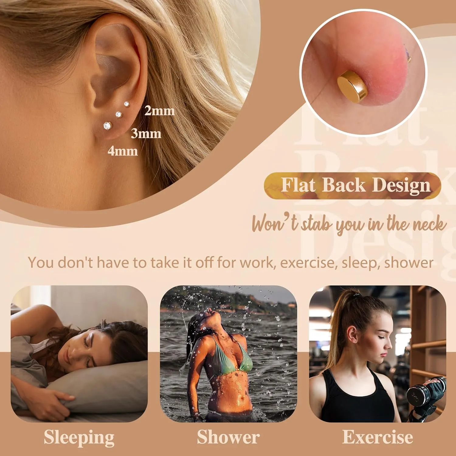 Small Flat Back Earrings for Women Men - Hypoallergenic 14K Gold Plated Surgical Steel Screw Flat Back Stud Earrings Tiny Cartilage Earring Sets For Multiple Piercing 2/3/4mm 18pairs