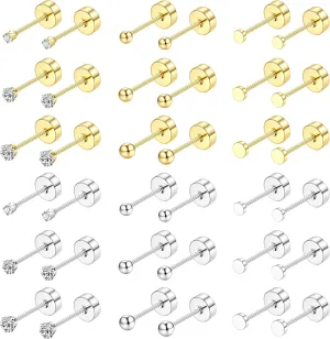 Small Flat Back Earrings for Women Men - Hypoallergenic 14K Gold Plated Surgical Steel Screw Flat Back Stud Earrings Tiny Cartilage Earring Sets For Multiple Piercing 2/3/4mm 18pairs