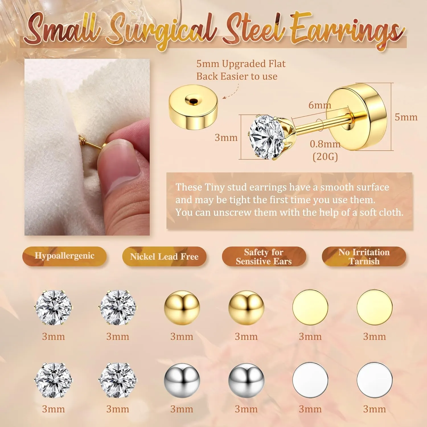 Small Flat Back Earrings for Women Men - Hypoallergenic 14K Gold Plated Surgical Steel Screw Flat Back Stud Earrings Tiny Cartilage Earring Sets For Multiple Piercing 2/3/4mm 18pairs