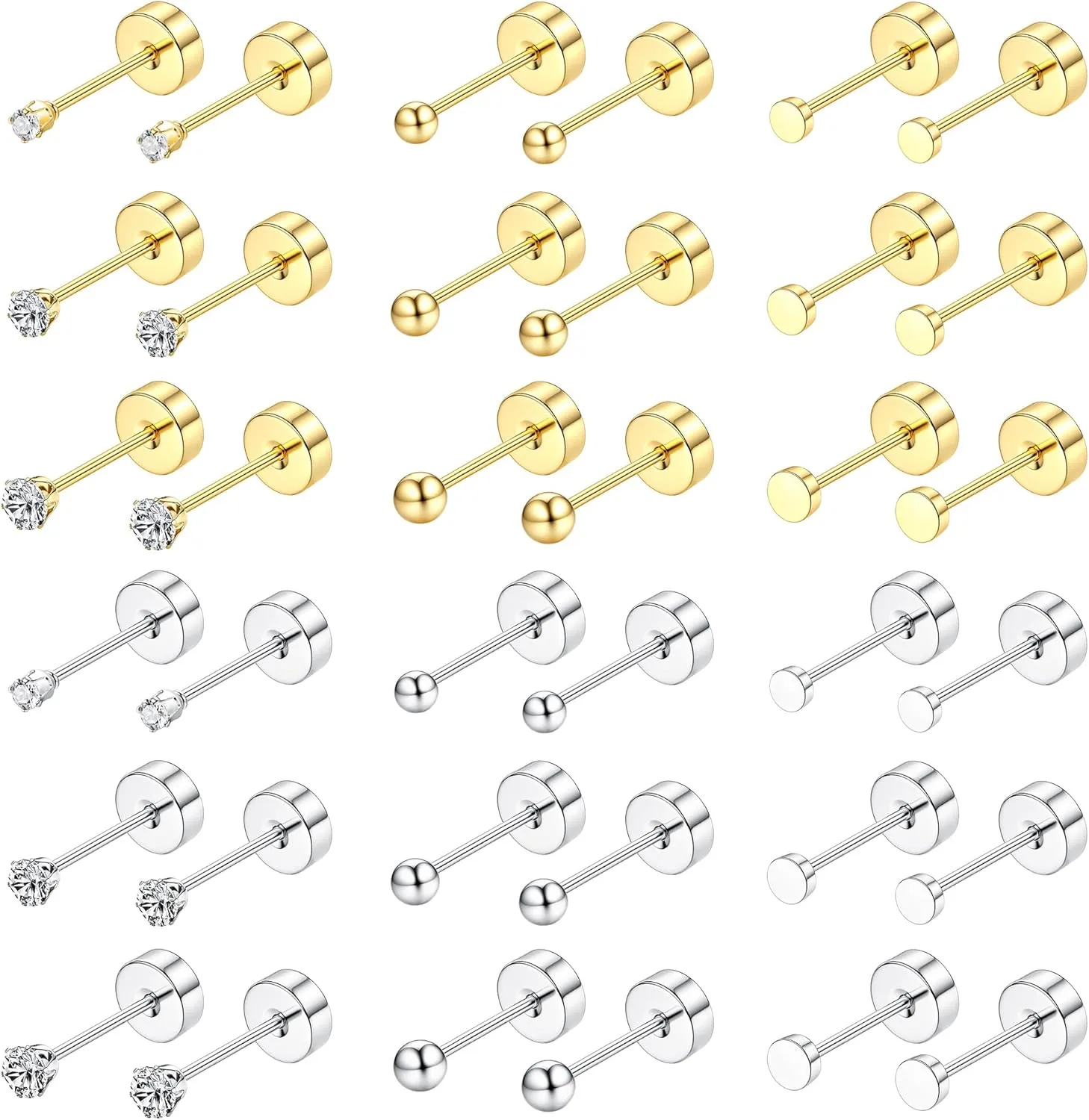 Small Flat Back Earrings for Women Men - Hypoallergenic 14K Gold Plated Surgical Steel Screw Flat Back Stud Earrings Tiny Cartilage Earring Sets For Multiple Piercing 2/3/4mm 18pairs