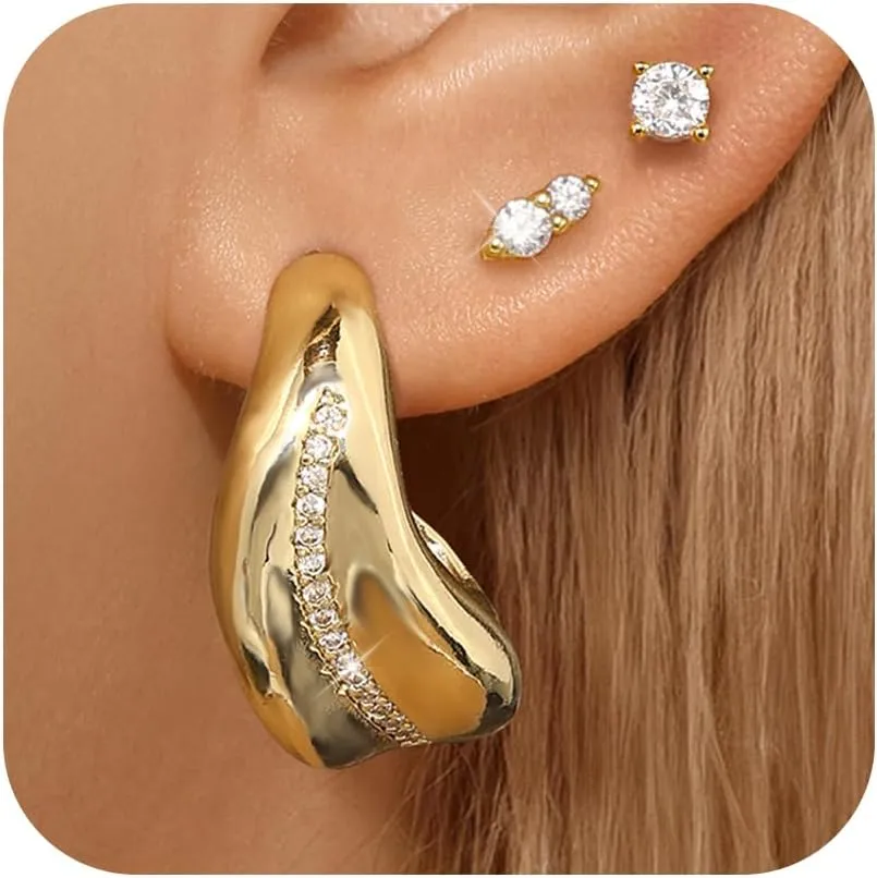 Small Hoop Earrings Set for Women, 14K Gold Plated Chunky Ball Cubic Zirconia Earrings with S925 Sterling Silver Post, Hypoallergenic Huggie Hoop Earrings Jewelry Trendy 2025