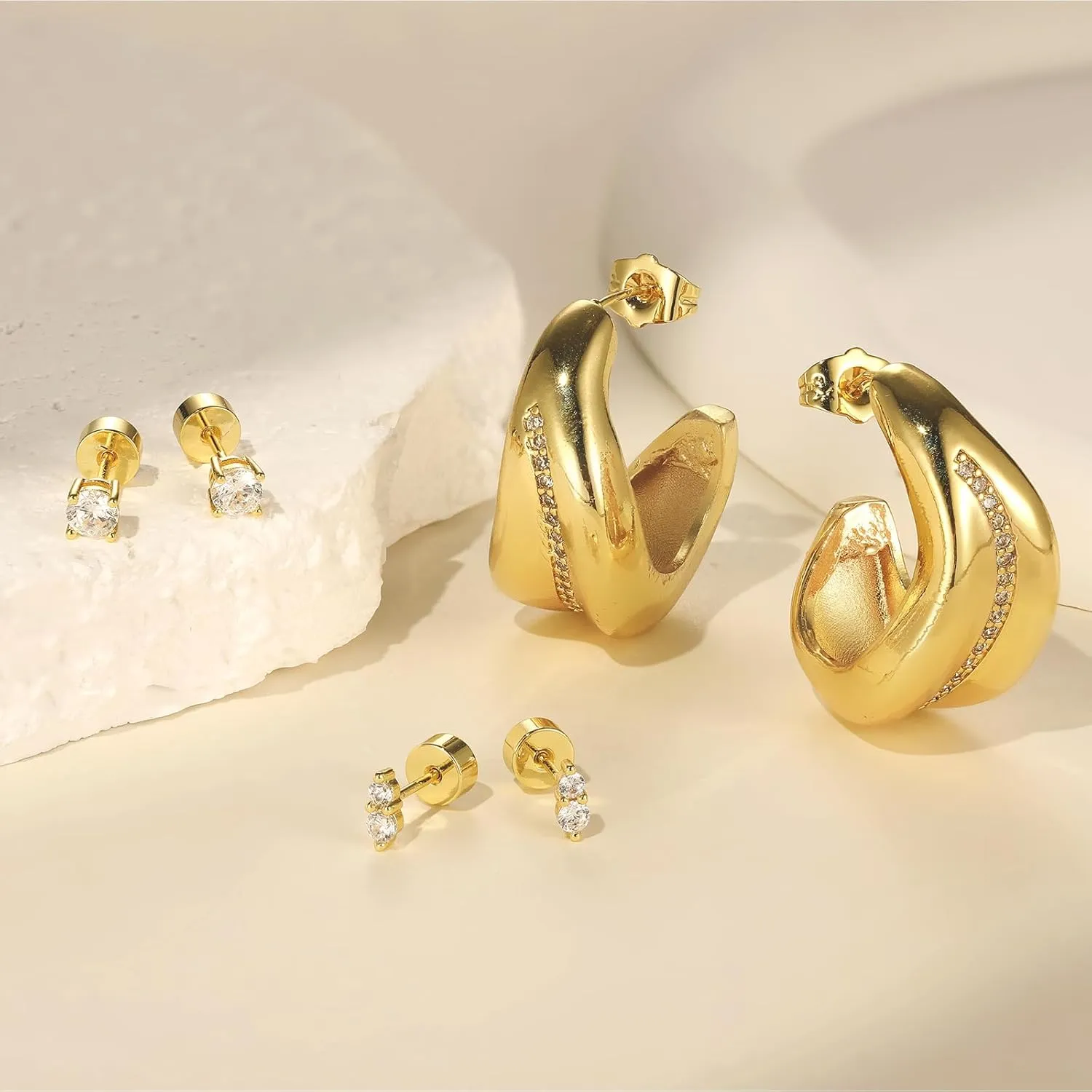 Small Hoop Earrings Set for Women, 14K Gold Plated Chunky Ball Cubic Zirconia Earrings with S925 Sterling Silver Post, Hypoallergenic Huggie Hoop Earrings Jewelry Trendy 2025