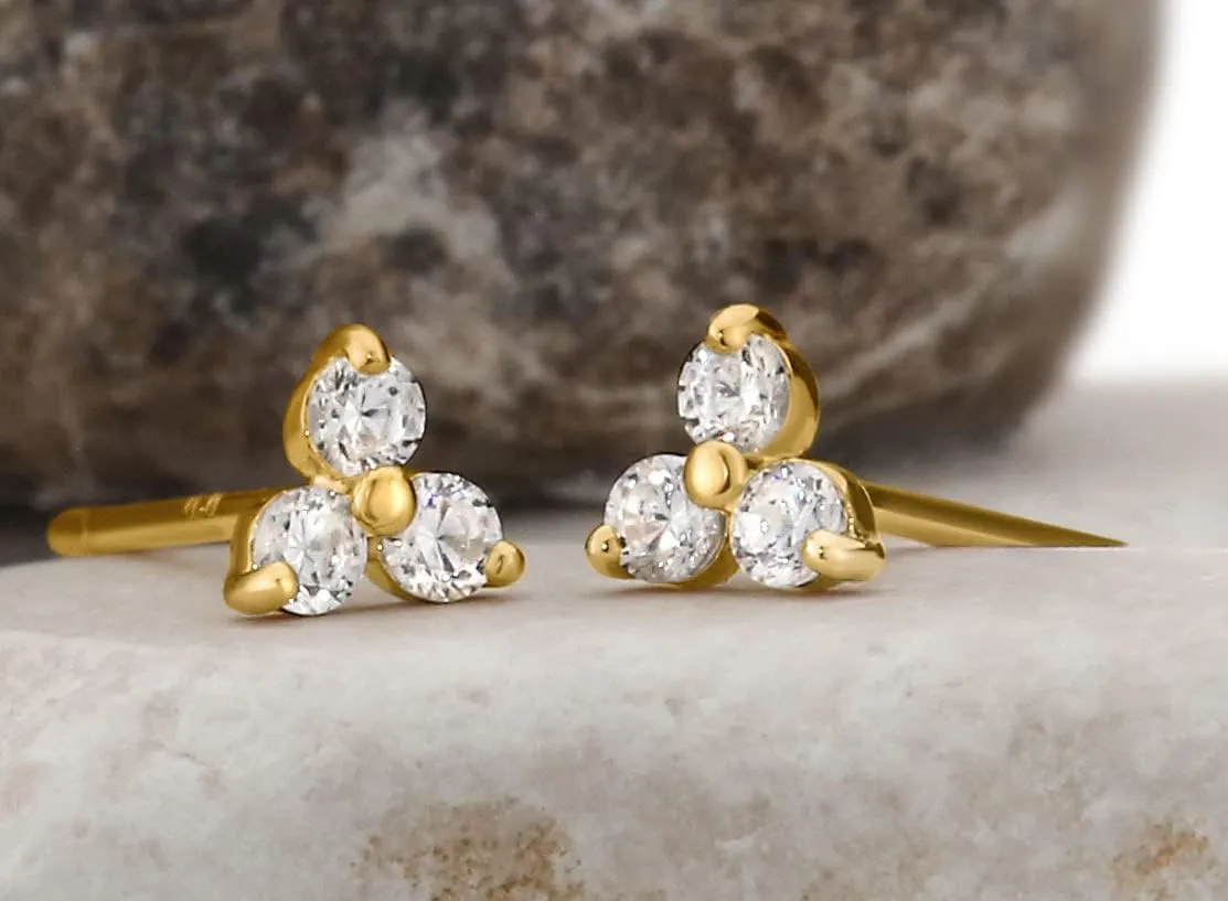 Solid 14k Gold Mini Lotus Cubic Zirconia Studs, Trefoil Trinity Triple Cluster Minimalist Earrings