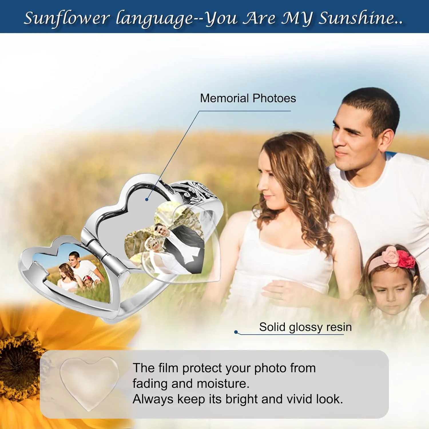 SOULMEET Sterling Silver Heart Sunflower Locket Ring That Holds Pictures Personalized Memorial Photo Locket Band Poison Locket Rings (Sizes 5,6,7,8,9,10)