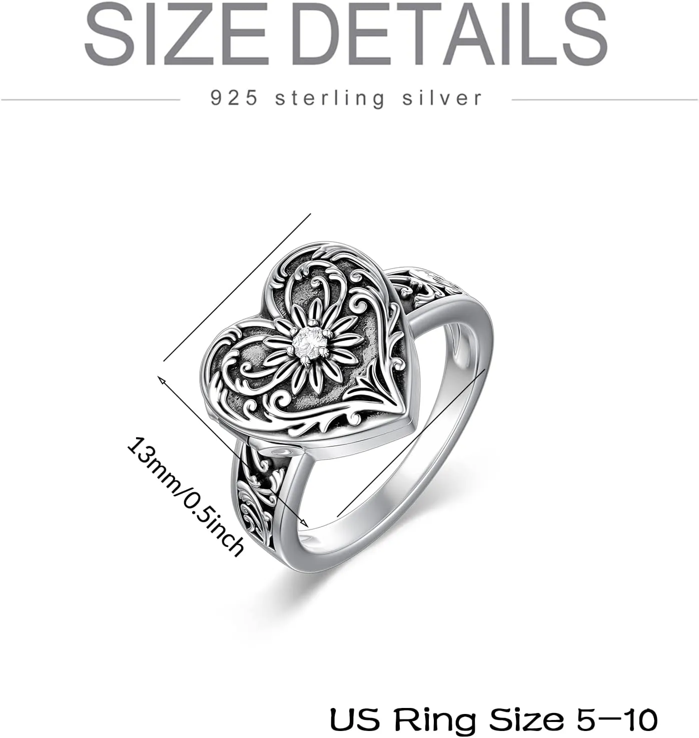 SOULMEET Sterling Silver Heart Sunflower Locket Ring That Holds Pictures Personalized Memorial Photo Locket Band Poison Locket Rings (Sizes 5,6,7,8,9,10)