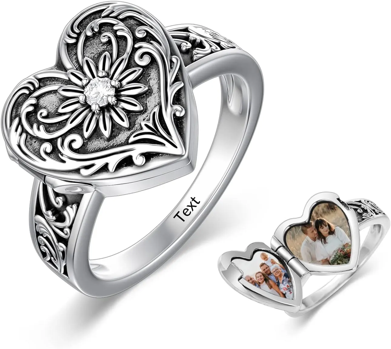 SOULMEET Sterling Silver Heart Sunflower Locket Ring That Holds Pictures Personalized Memorial Photo Locket Band Poison Locket Rings (Sizes 5,6,7,8,9,10)