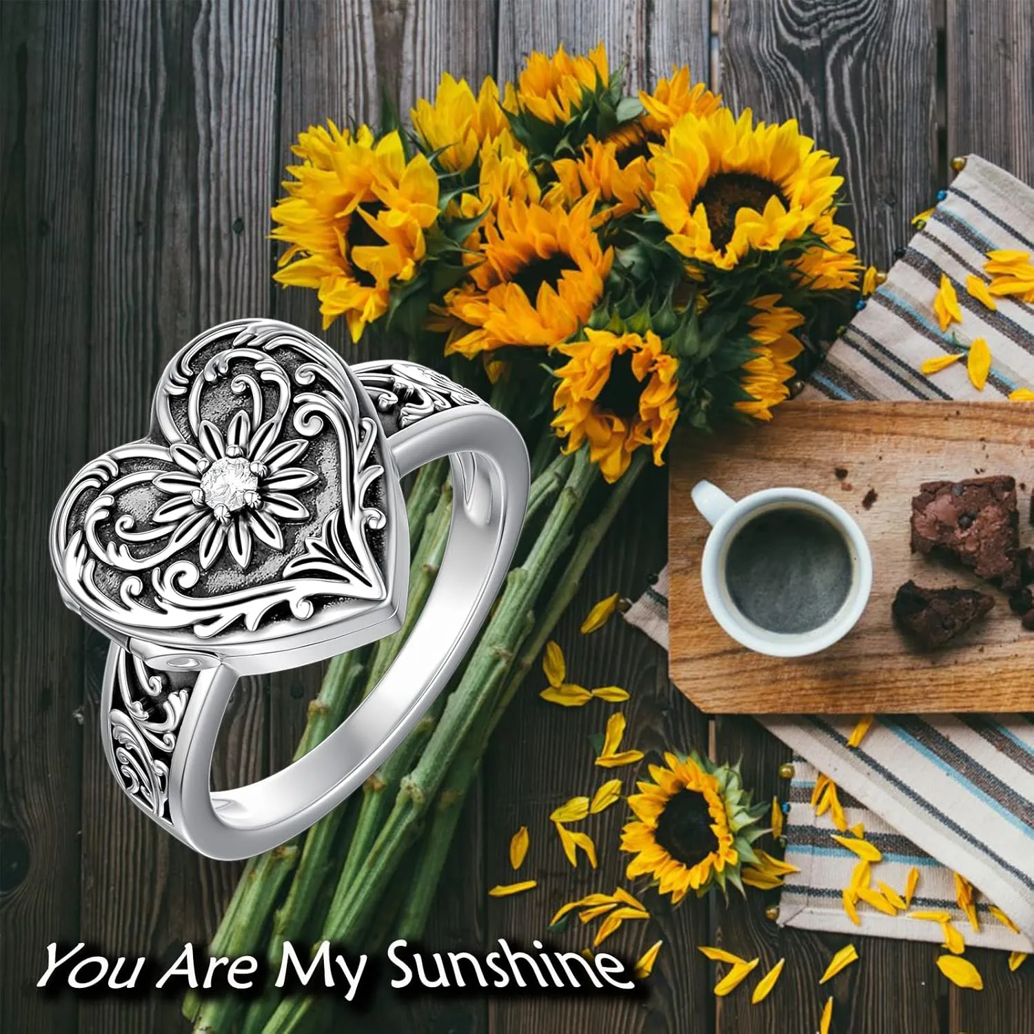 SOULMEET Sterling Silver Heart Sunflower Locket Ring That Holds Pictures Personalized Memorial Photo Locket Band Poison Locket Rings (Sizes 5,6,7,8,9,10)