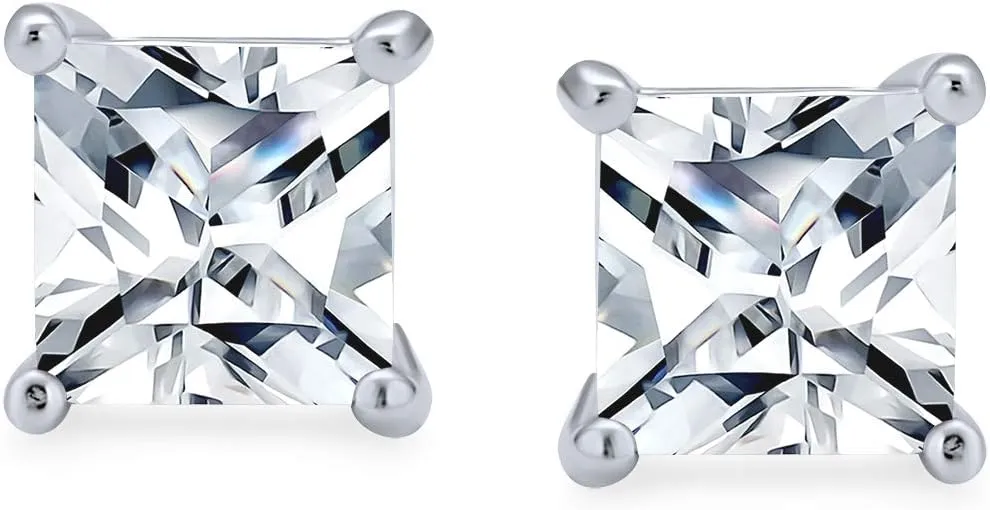 Square Cubic Zirconia Solitaire Princess AAA CZ Stud Earrings For Women Men 14K Gold Plated Sterling Silver 5 6 7 8MM