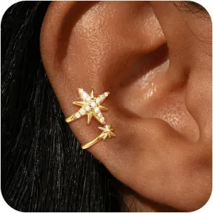Star Ear Cuff Earrings for Women, Dainty Gold/Sliver Ear Cuffs Non Piercing Tiny Cartilage Cuff Earring Boho Trendy Northstar Starburst Ear Cuff Set Jewelry Gift for Women