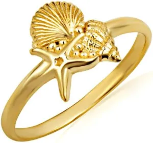 Starfish And Seashell Ocean Fine Ring Real Solid 14K Gold