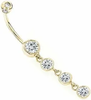 Starlite_Creation01 Belly Button Ring with Dangling Moissanite Drops, Curved Barbell Navel Piercing 14K Yellow Gold Plated