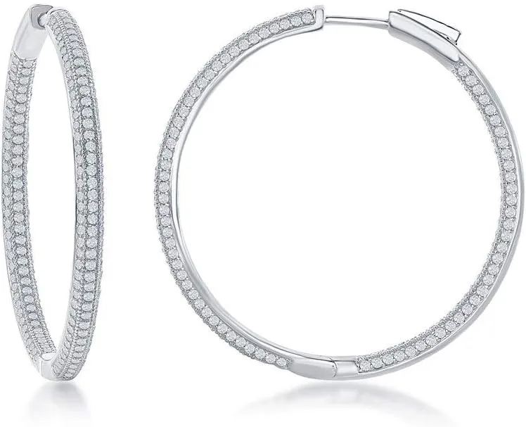 Sterling Silver 25mm, 30mm, 40mm, or 50mm Inside-Outside Micro Pave CZ Hoop Earrings
