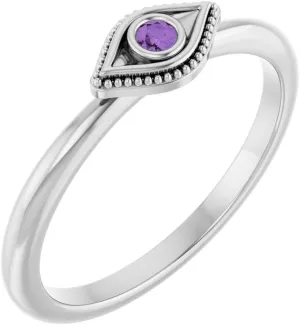 Sterling Silver Amethyst Stackable Evil Eye Religious Spiritual Fashion Ring with Matte Finish Fine Jewelry For Women Gifts For Her, Size 7