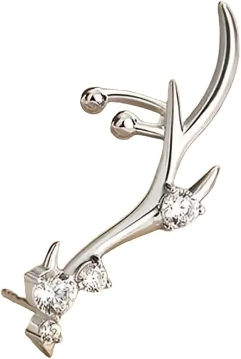 Sterling Silver Antler Ear Climbers with Crystal Accents, Deer Branch Design, Crawler Earrings