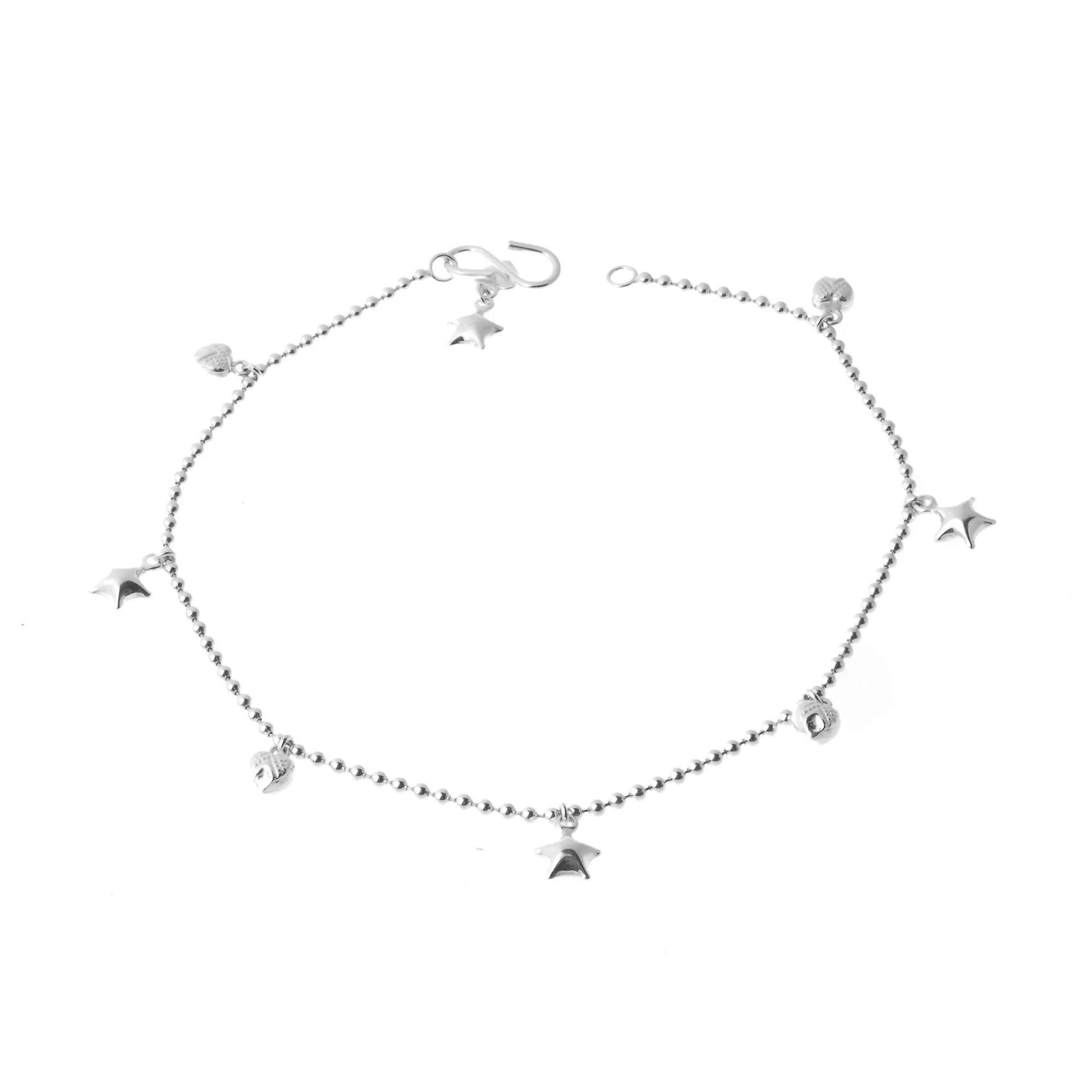 Sterling Silver Beaded Anklets with Heart and Star Bell Charms A-7159