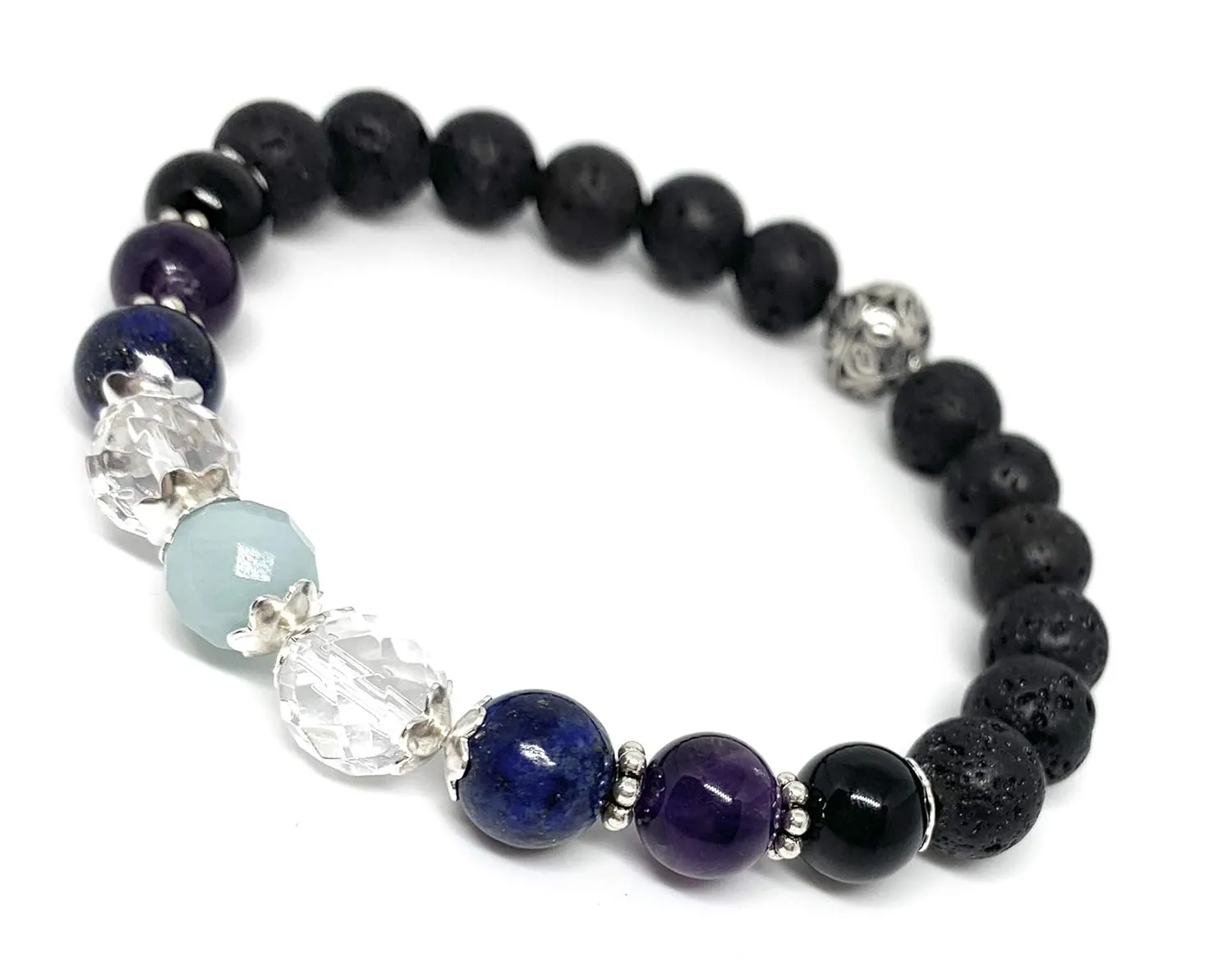 Sterling Silver Calming Oil Diffuser Gemstone bracelet/Holistic Well-being/Amethyst/Amazonite/Crystal Quartz/Aromatherapy jewelry