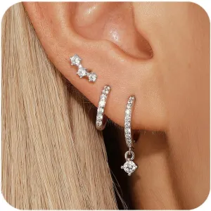 Sterling Silver Earrings Set for Women, Small S925 Hypoallergenic Earring Stacks, Dainty 5A Cubic Zirconia Huggie Stud Earrings for Sensitive EarsTrendy 2025