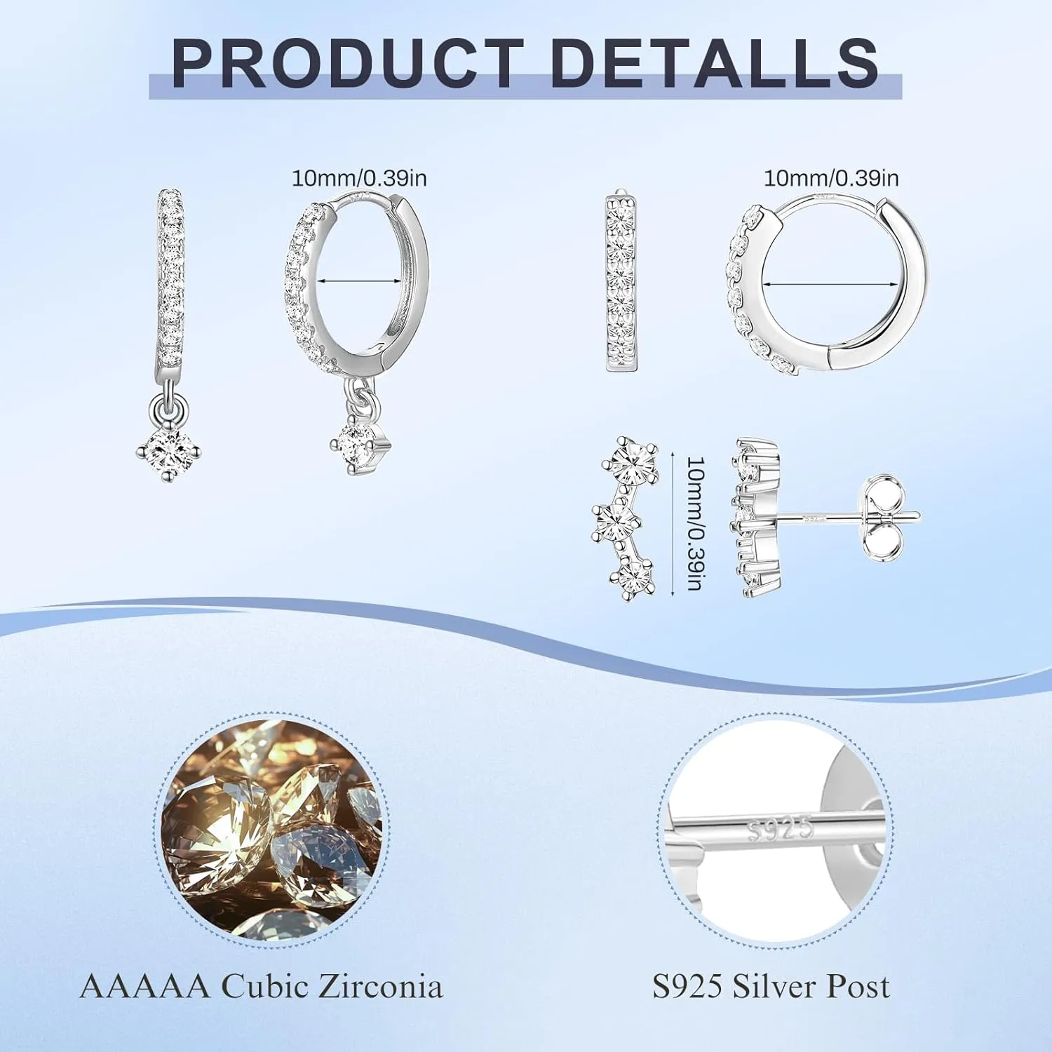 Sterling Silver Earrings Set for Women, Small S925 Hypoallergenic Earring Stacks, Dainty 5A Cubic Zirconia Huggie Stud Earrings for Sensitive EarsTrendy 2025