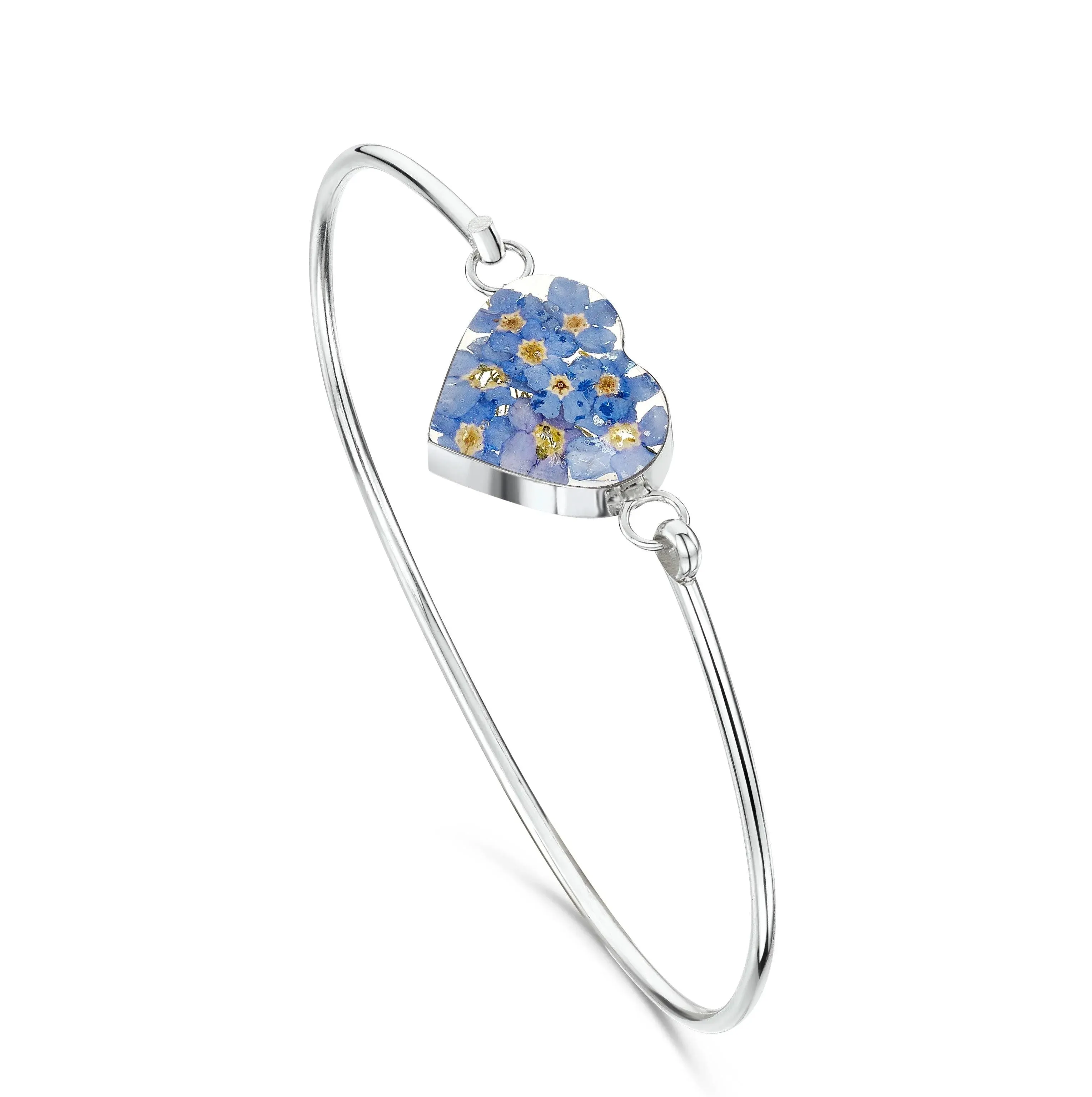 Sterling Silver Heart Bangle with Real Forget-Me-Not Flowers