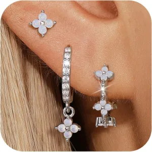 Sterling Silver Opal Flower Earrings Set - Hypoallergenic Stud Hoop Earrings, Trendy for Women 2024
