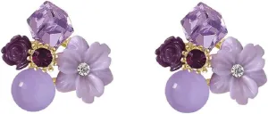 Sterling Silver Opal Purple Crystal Flower Studs Earrings Sweet and gentle Mori Fashion Earrings