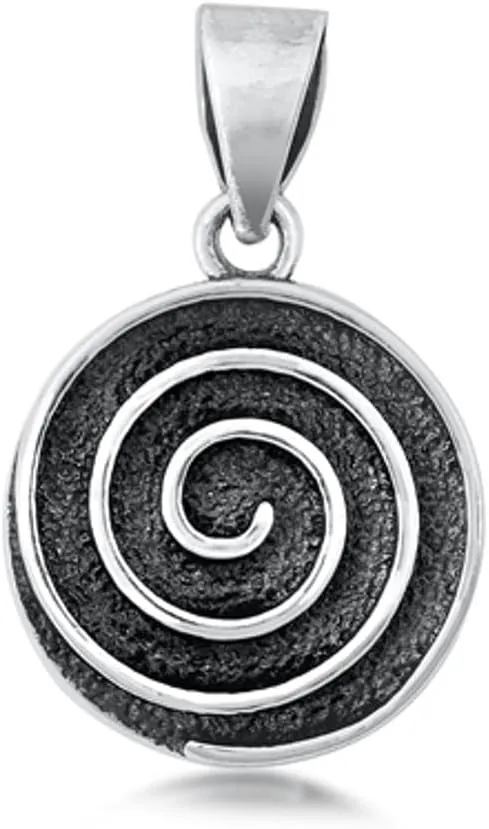 Sterling Silver Oxidized Spiral Pendant Swirl Hipnotic Unique Round Charm 925