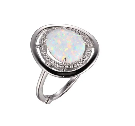 Sterling Silver Rhodium Plated Synthetic Opal and CZ Ring (Size 8)