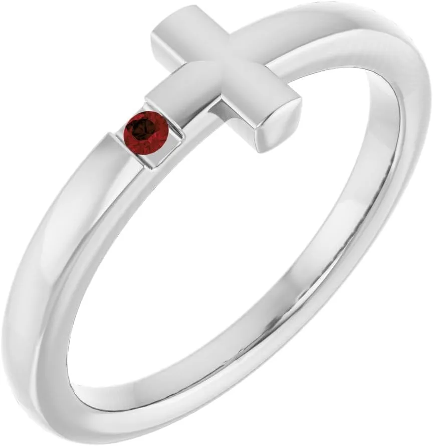 Sterling Silver Small Imitation Garnet Sideways Cross Religious Fashion Ring Fine Jewelry For Women Gifts For Her, Size 3