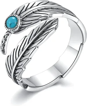 Sterling Silver Turquoise Feather Ring Earrings Women Men Feather Adjustable Ring Vintage Style Western Jewelry Gifts