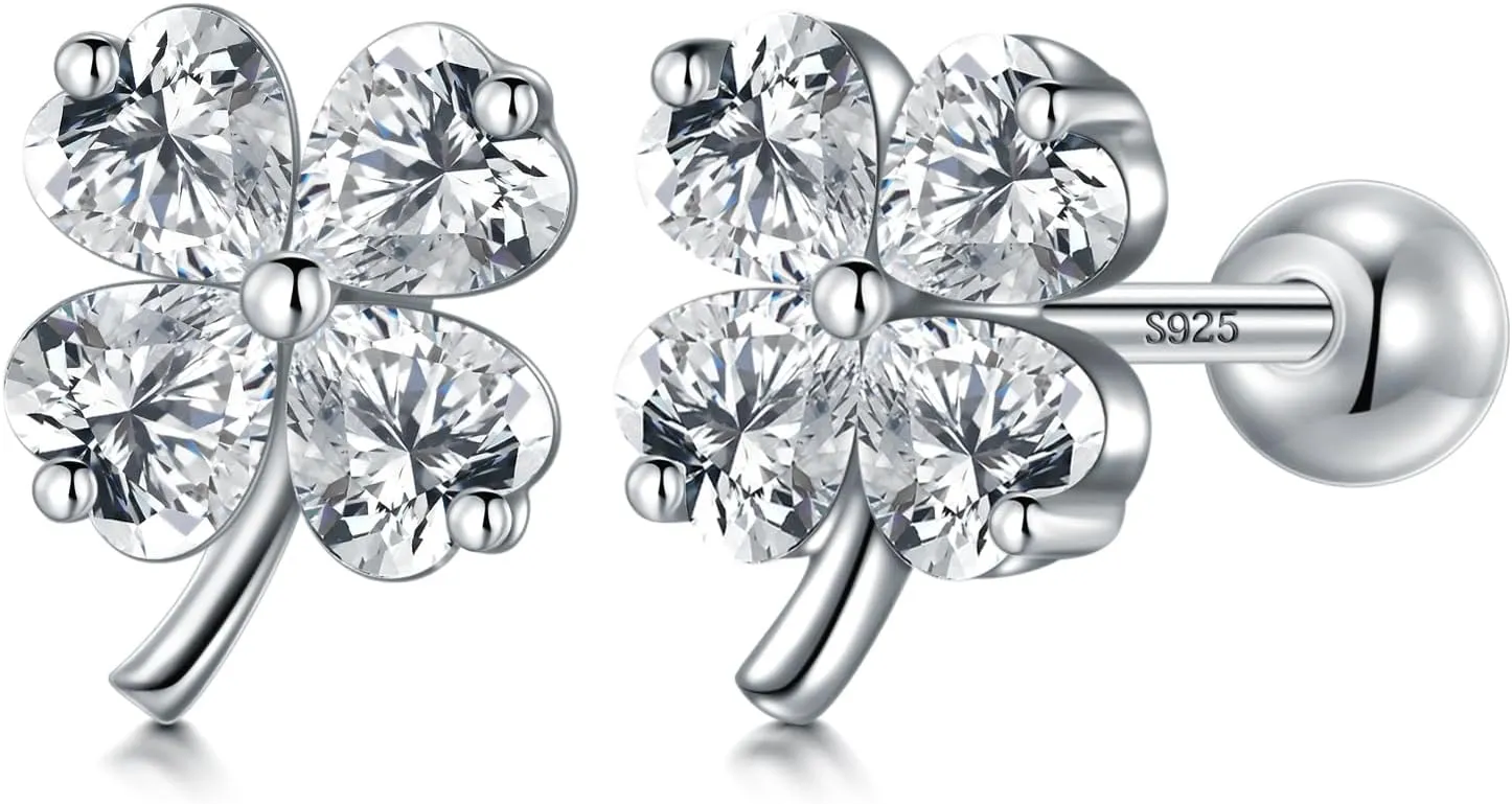 Stud Earrings for Women 925 Sterling Silver Small CZ Star Hypoallergenic Earrings Dainty Clover Shamrock Bar Barbell Screw Back Earrings