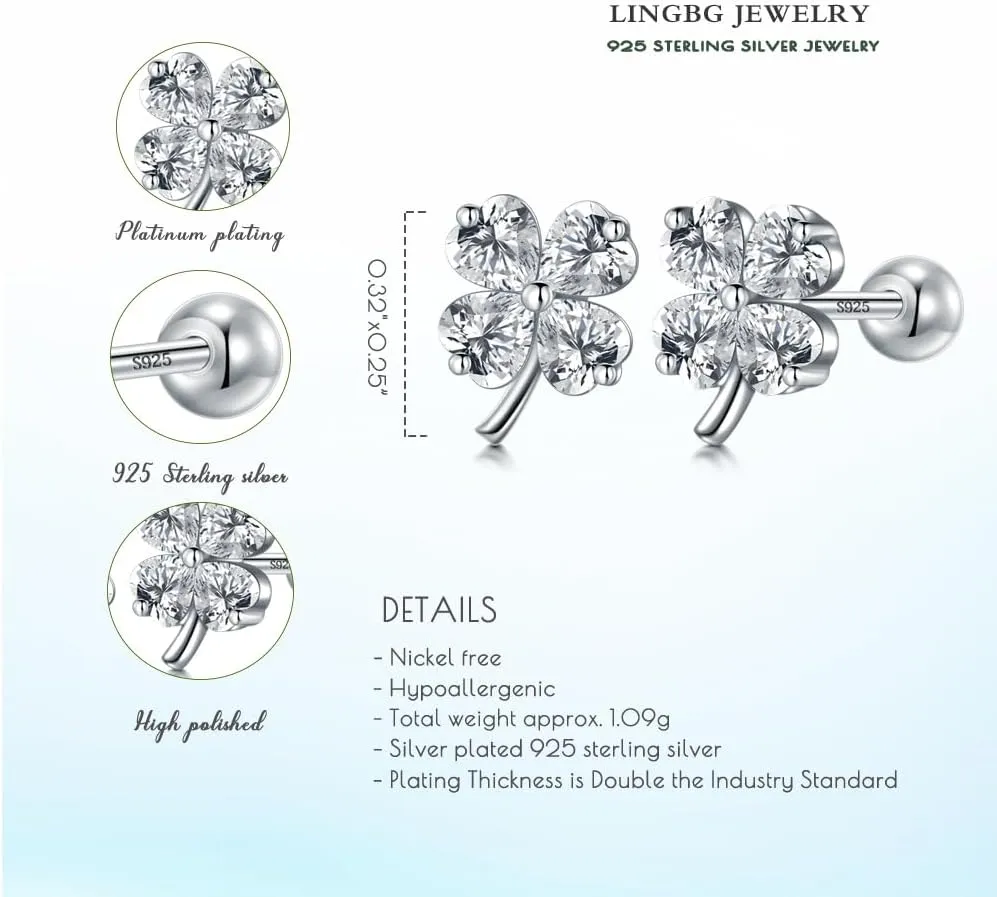Stud Earrings for Women 925 Sterling Silver Small CZ Star Hypoallergenic Earrings Dainty Clover Shamrock Bar Barbell Screw Back Earrings