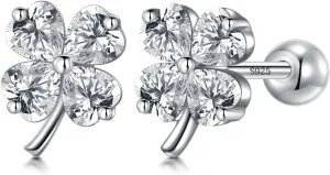 Stud Earrings for Women 925 Sterling Silver Small CZ Star Hypoallergenic Earrings Dainty Clover Shamrock Bar Barbell Screw Back Earrings