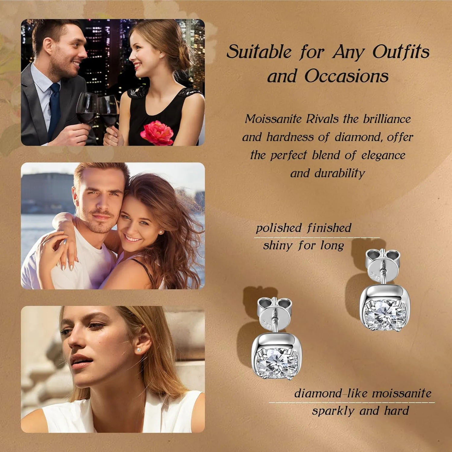 Stud Earrings in 925 Sterling Silver Prong/Bezel Set with 1 Carat Moissanite (2 Ct/Pair), Hypoallergenic Moissanite Solitaire Flat Back Earrings for Women Men, Diamond-Alternative Jewelry Gift