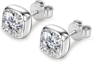 Stud Earrings in 925 Sterling Silver Prong/Bezel Set with 1 Carat Moissanite (2 Ct/Pair), Hypoallergenic Moissanite Solitaire Flat Back Earrings for Women Men, Diamond-Alternative Jewelry Gift