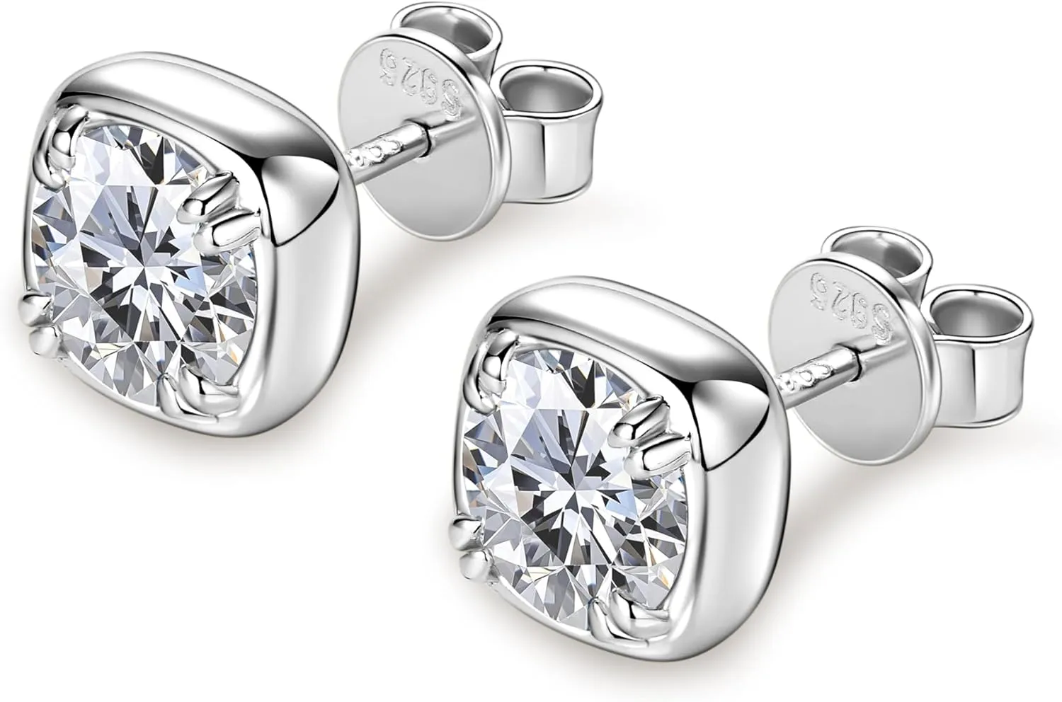 Stud Earrings in 925 Sterling Silver Prong/Bezel Set with 1 Carat Moissanite (2 Ct/Pair), Hypoallergenic Moissanite Solitaire Flat Back Earrings for Women Men, Diamond-Alternative Jewelry Gift