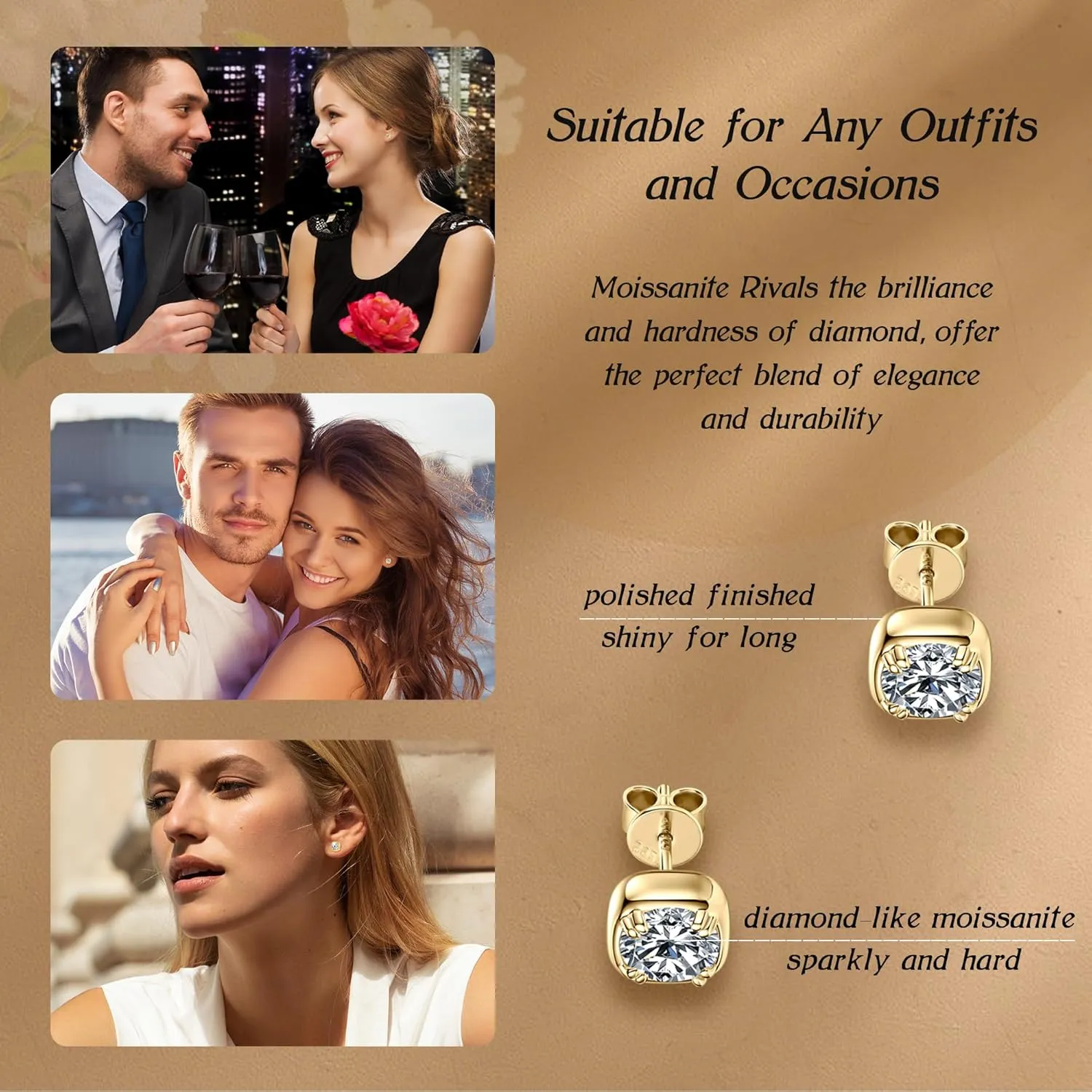 Stud Earrings in 925 Sterling Silver Prong/Bezel Set with 1 Carat Moissanite (2 Ct/Pair), Hypoallergenic Moissanite Solitaire Flat Back Earrings for Women Men, Diamond-Alternative Jewelry Gift