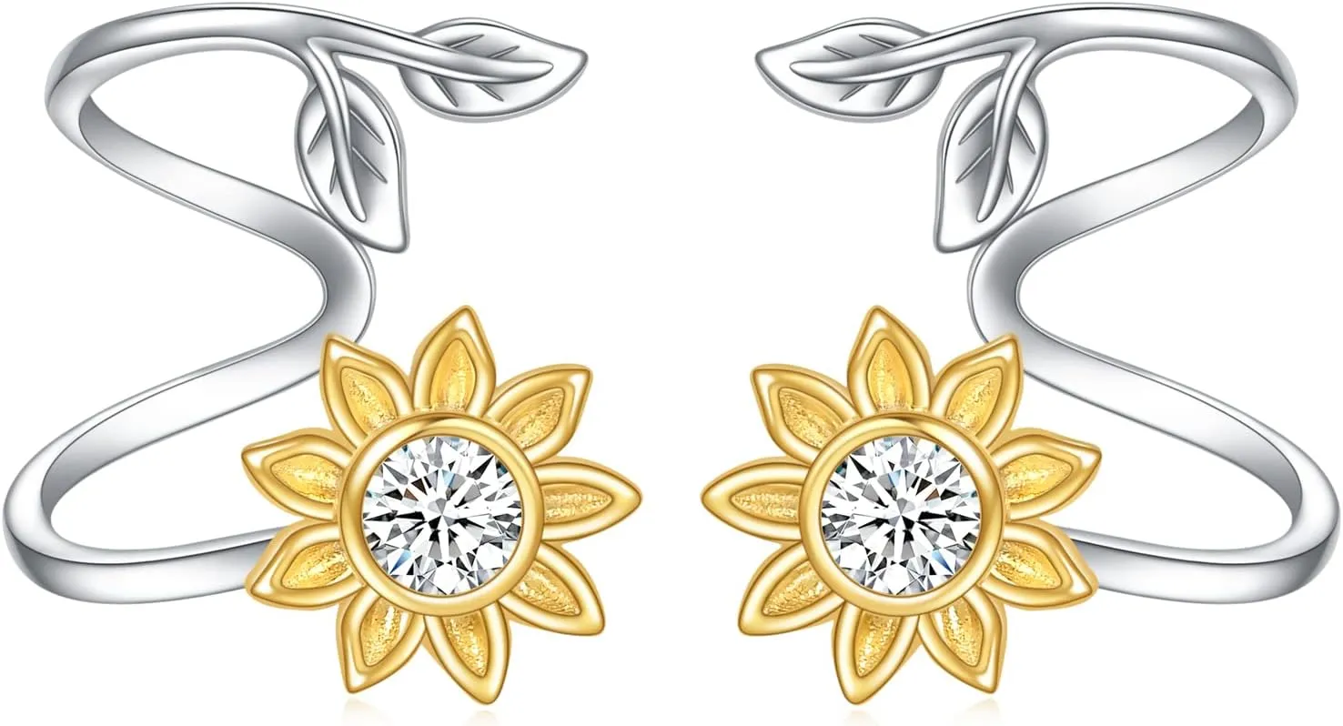 Sunflower Earrings for Women 925 Sterling Silver Flower Stud Ear Climber Crawler Cuff Wraps Earrings Hypoallergenic Jewelry Gifts