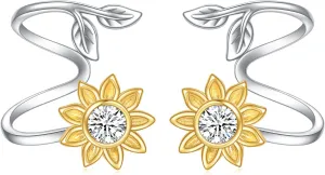 Sunflower Earrings for Women 925 Sterling Silver Flower Stud Ear Climber Crawler Cuff Wraps Earrings Hypoallergenic Jewelry Gifts