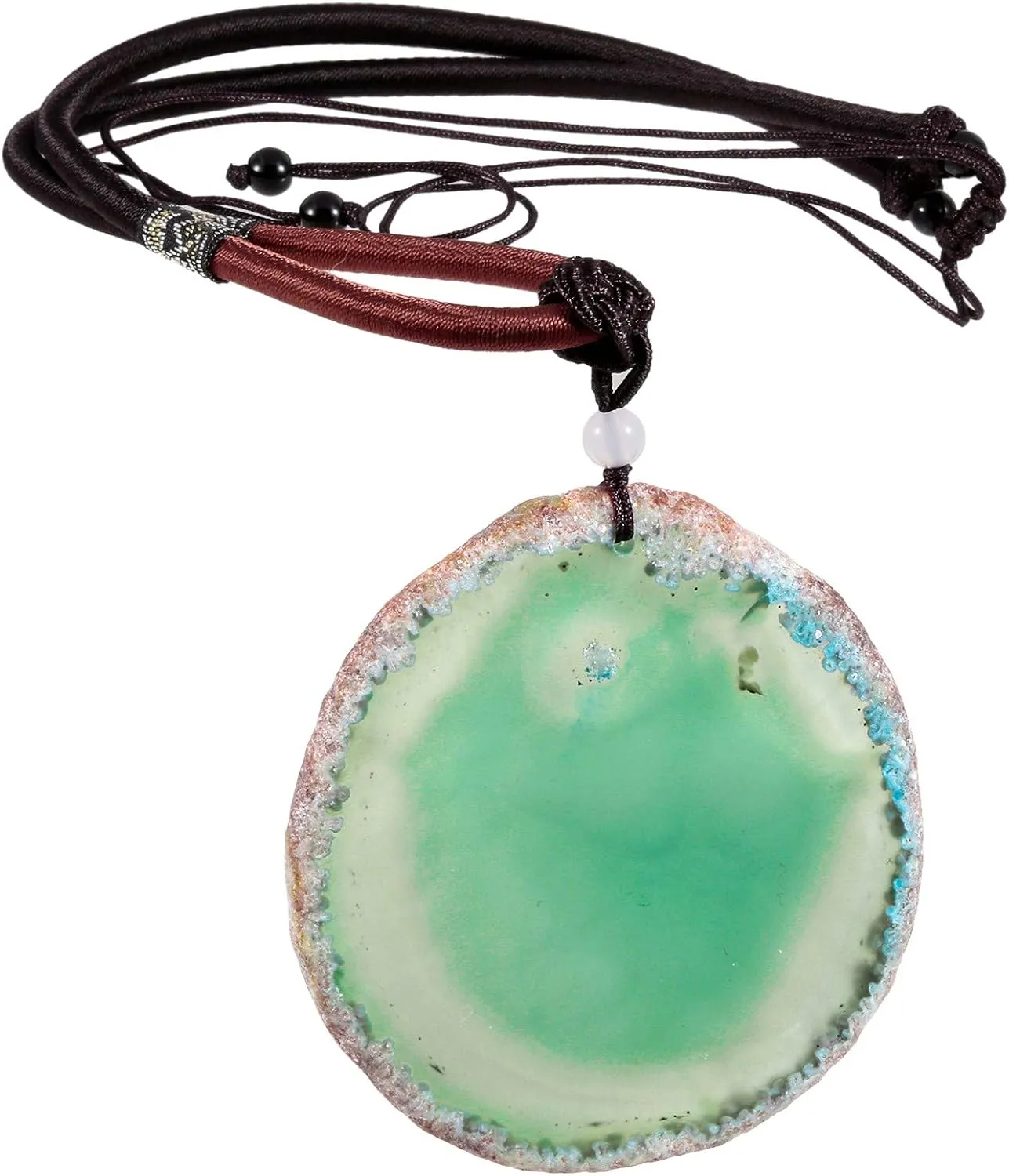 SUNYIK Natural Agate Slice Stone Pendant with Chain for Women, Healing Crystal Necklace for Men, Adjustable 17"-29" Strand